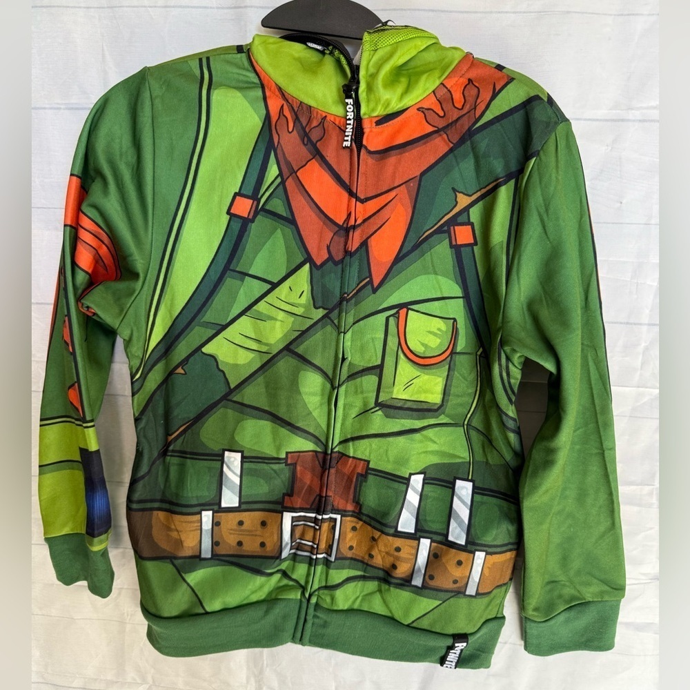 Fortnite Hoodie Boys M Green Dino Rex Costume Full Zip Cosplay Gamer Sweatshirt